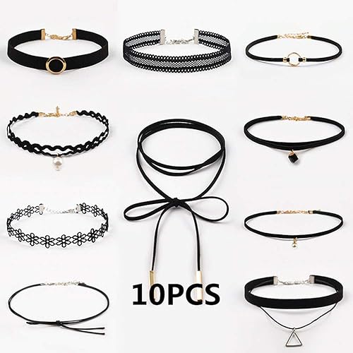 Amazon ネックレス Cmmbb チョーカーネックレスブラックレースベルベットストリップ女性襟パーティージュエリーネックアクセサリー チョーカー手作りチェーンネックレスとして示されている10個 ネックレス 通販