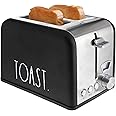 Rae Dunn Toaster, Stainless Steel 2 Slice Square Toaster, Wide Slot with 5 Browning Levels, with Bagel, Defrost and Cancel Options (Black)