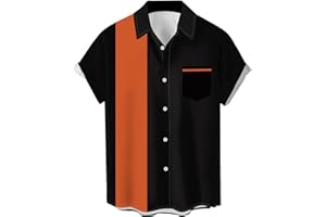 LZZIDOU Men's Vintage Bowling Shirts 1950s Casual Short Sleeve Button Up Contrast Shirt Summer Color Block Cuban Shirts