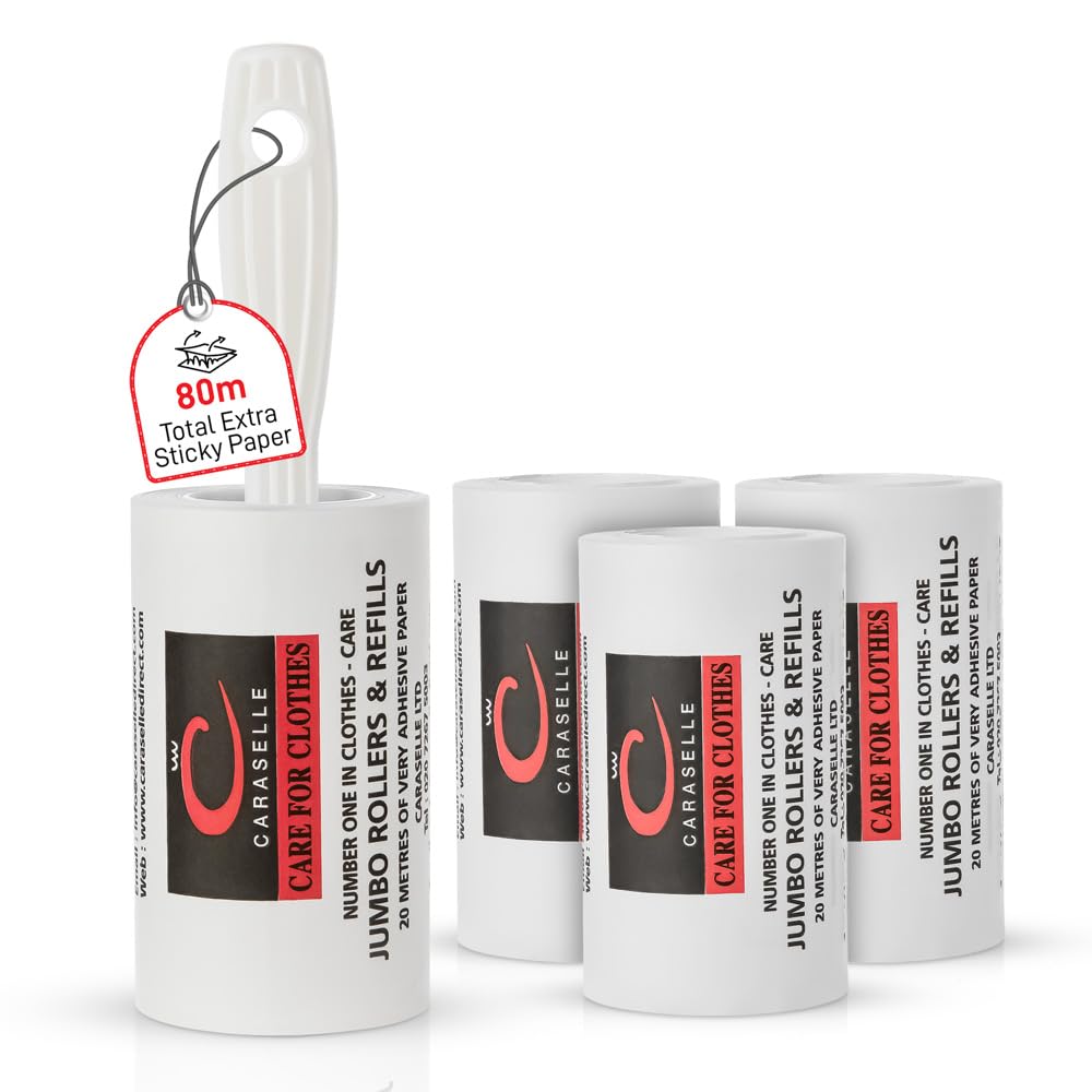 Caraselle Jumbo Lint Remover – 80m total (≈800+ Sheets Equivalent) Extra Sticky Lint Roller for Dog Cat Hair on Clothes, Sofa & Furniture, Continuous No-Perforation Paper Stays Extra Sticky To The End