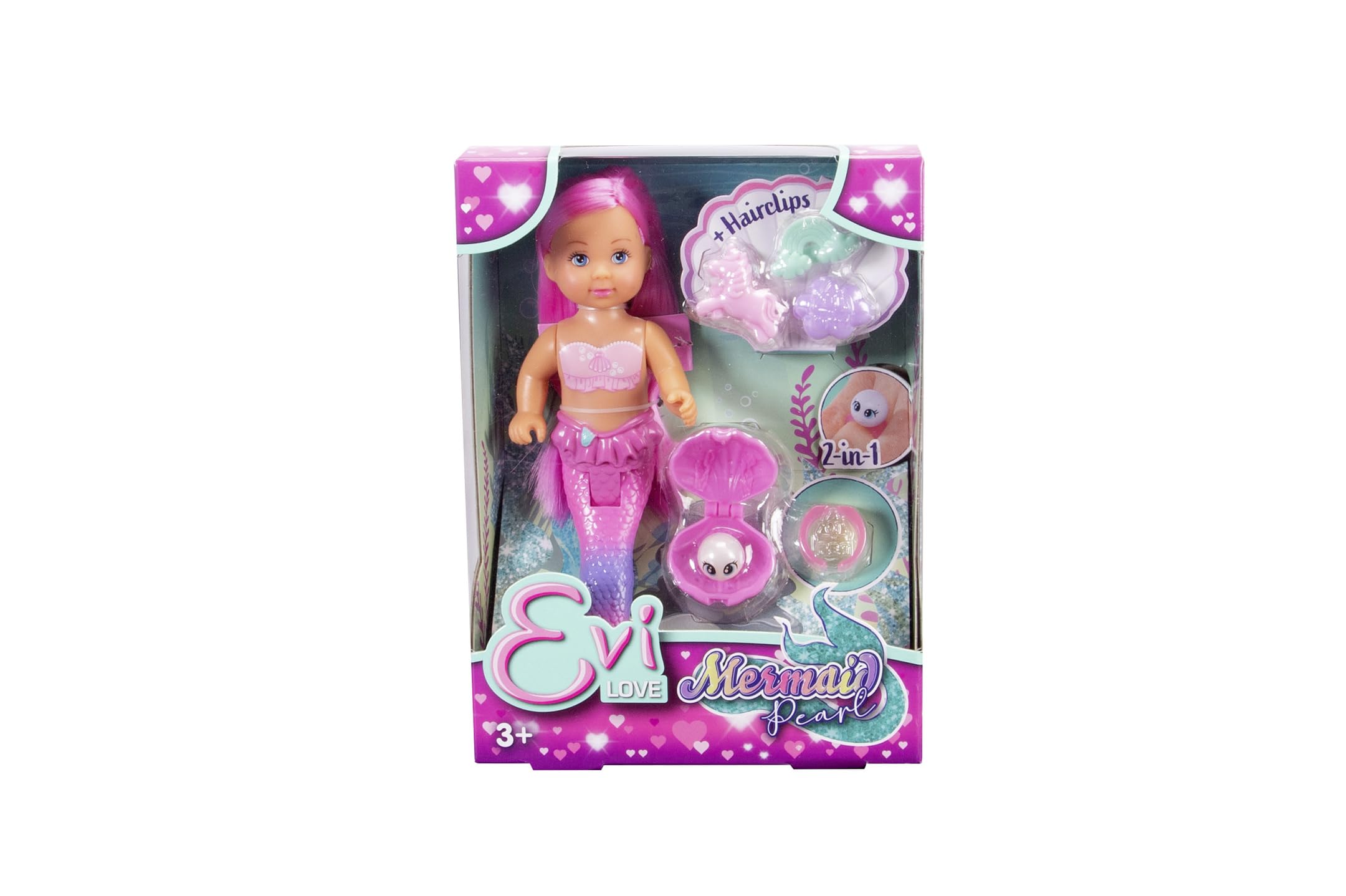Simba 105733699 Evi Love Mermaid Pearl Toy Doll with Hair Clips and Secret Pearl that can be used with a Ring, 12 cm, from 3 Years