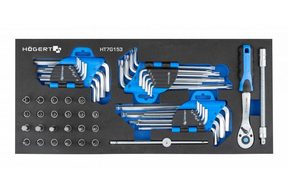 Högert Technique: Tool Set, Hex Wrench, Tool Cabinet Insert with a Set of Hexagon Socket and Socket Spanner with 1/4 Inch Accessories