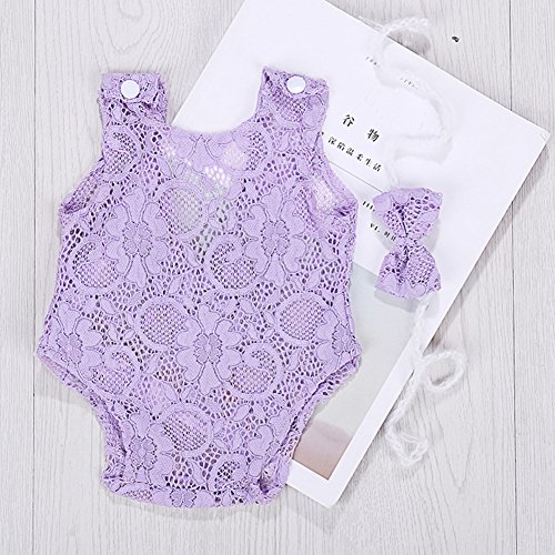 Baby Photography Props Newborn Girl Photo Shoot Outfits Infant Costume Lace Headdress Rompers (Purple)