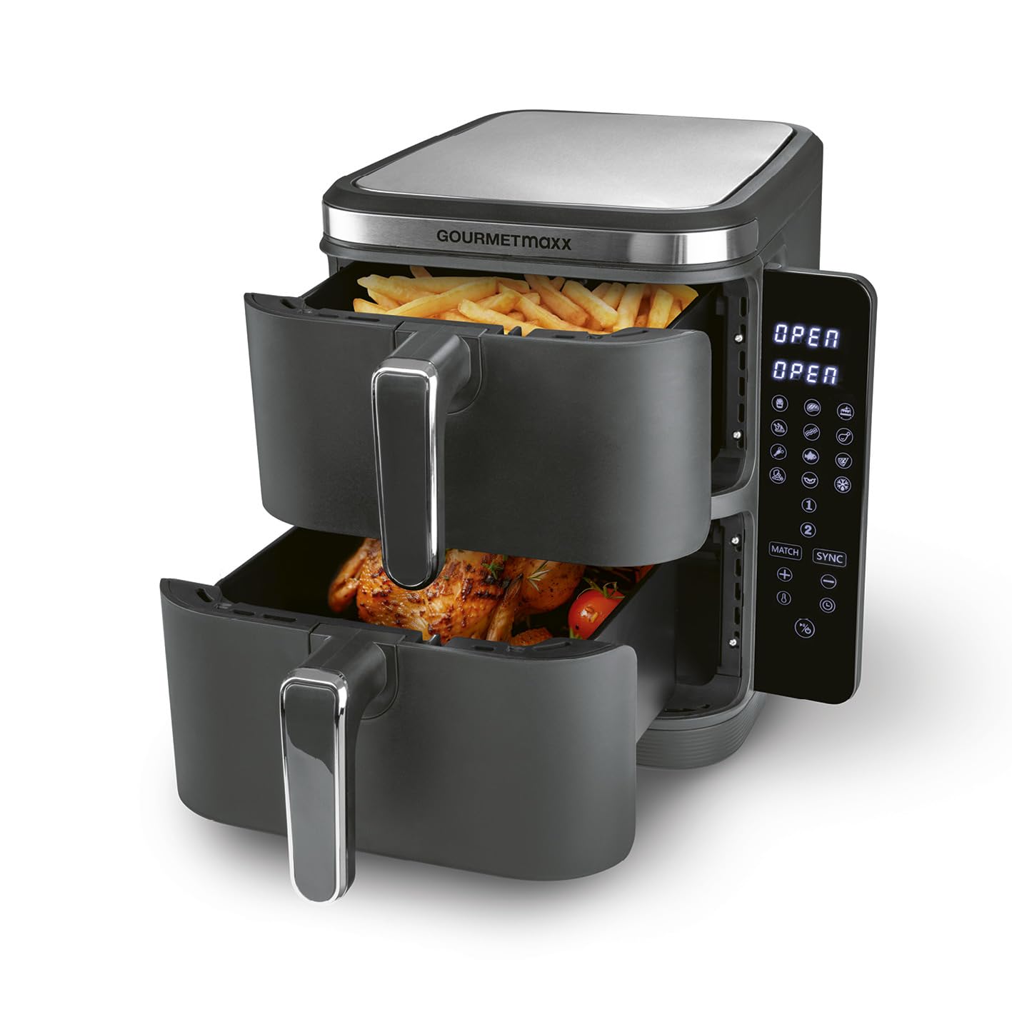 GOURMETmaxx FryUp Vertikale Doppelkammer Heißluftfritteuse | vertikaler Airfryer | klappbares Touchdisplay | 32% platzsparender | Fassungsvermögen 10L | Heißluftfritteuse 2 Kammern