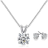WASAIE Dainty Solitaire Necklaces Stud Earrings Set For Women,White Gold Plated Simple Prom Jewelry Set Cubic Zirconia Pendant Choker Necklace And Earring Sets Wedding Jewelry For Bridal