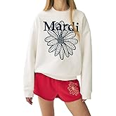 mardi mercredi Women's FLOWERMARDI NEEDLEWORK Embroidered Graphic Sweatshirt, 100% Cotton, Relaxed Fit Crewneck, Daisy Design