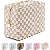 Embla Makeup Bag Travel Cosmetics Pouch and Toiletry Bag, Nylon Zipper Pouch Purse, Cute Make Up Organizer Storage Tote for Women Girls, Travel Skincare Case, Large Makeup Case, Sand Checkered