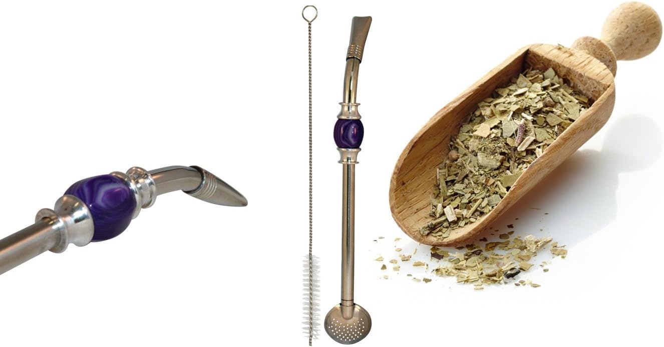 Stainless Steel Yerba Mate Bombilla Metal Straw - Filters Loose Tea, Ground Coffee & Other Drinks - FREE Cleaning Brush (Purple)