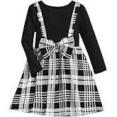 WDIRARA Toddler Girl's Plaid Bow Front Ribbed Knit Round Neck Long Sleeve A Line Dress