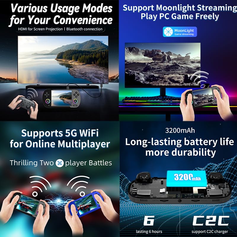 RG40XX H Retro Handheld Game Console RG40XXH Retro Gaming Console with 4-inch IPS Screen Linux System RGB Lighting 64G TF Card and 3200mAh Battery Supports 5G WiFi Bluetooth 4.2 Black