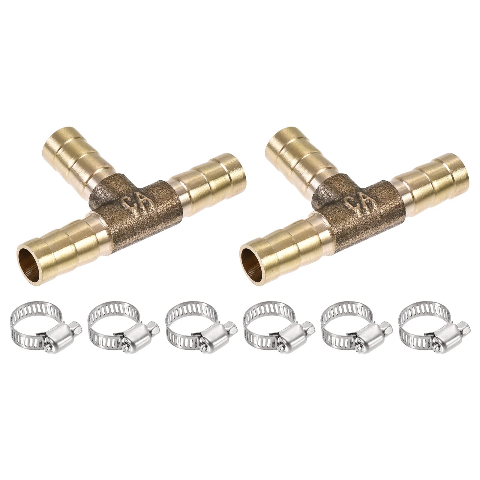 M METERXITY 2 Pack Barb Hose Fittings - 8mm OD Brass Hose Fitting Pipe Connector with Hose Clamps Apply to Water Fuel (T Shaped 3 Way)