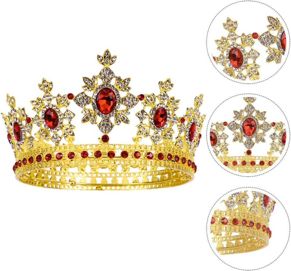 FRCOLOR Baroque Crown Queen Full Round Crowns Rhinestone Beads Vinatge Princess Tiara Wedding Headpiece for Women,Bride(Gold Red) - Image 5