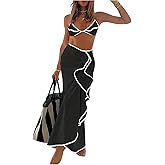 SHENHE Women's String Bikini Set 3 Piece Triangle Halter Colorblock Swimsuits with Cover Up Skirt