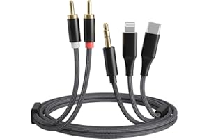 RICHUPON [3-in-1 RCA Audio Cable] Lightning/USB C/3.5mm to 2 RCA – Compatible with iPhone, Android, Home Theater, Car Stereo, Speaker, Amplifier (6FT)