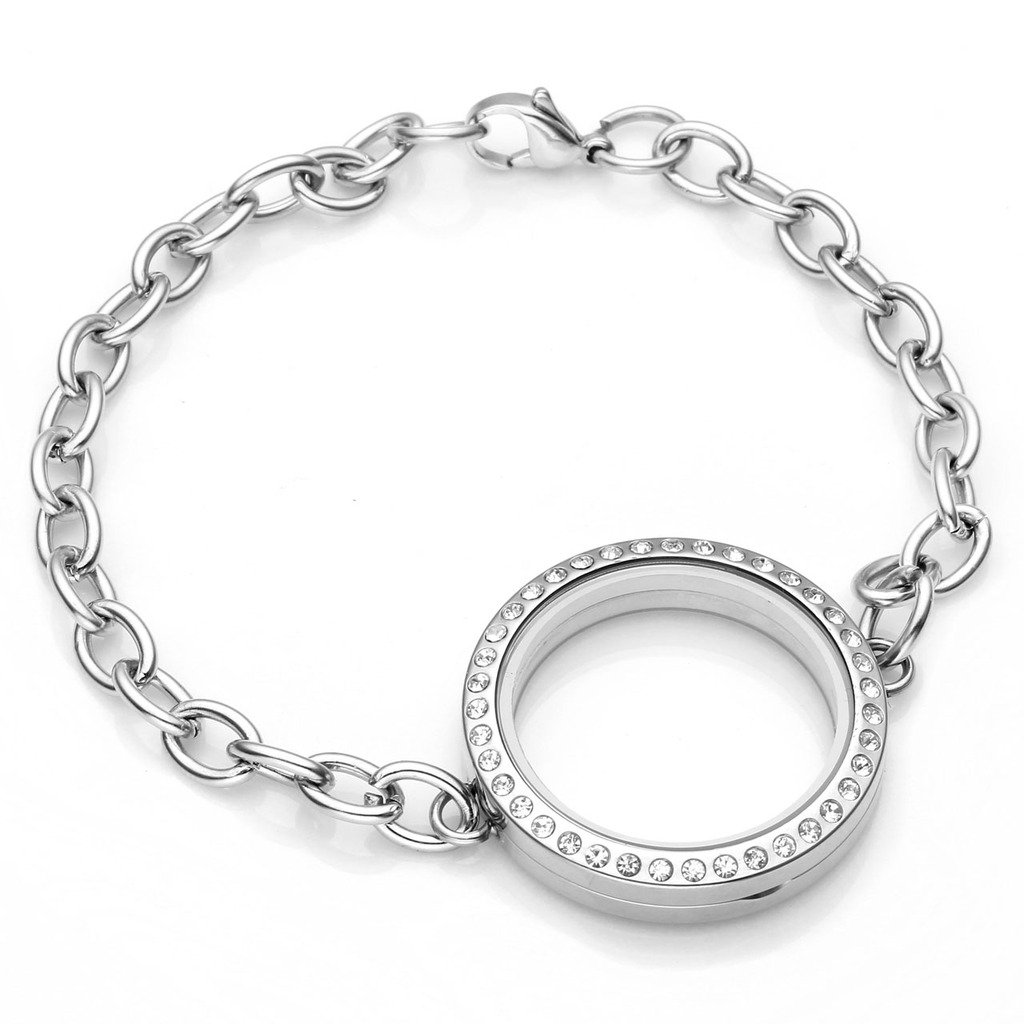 PiercingJ Womens Silver 316L Stainless Steel Crystal Gem Round Locket Pendant Floating Charm Wristband Link Bracelet 8\