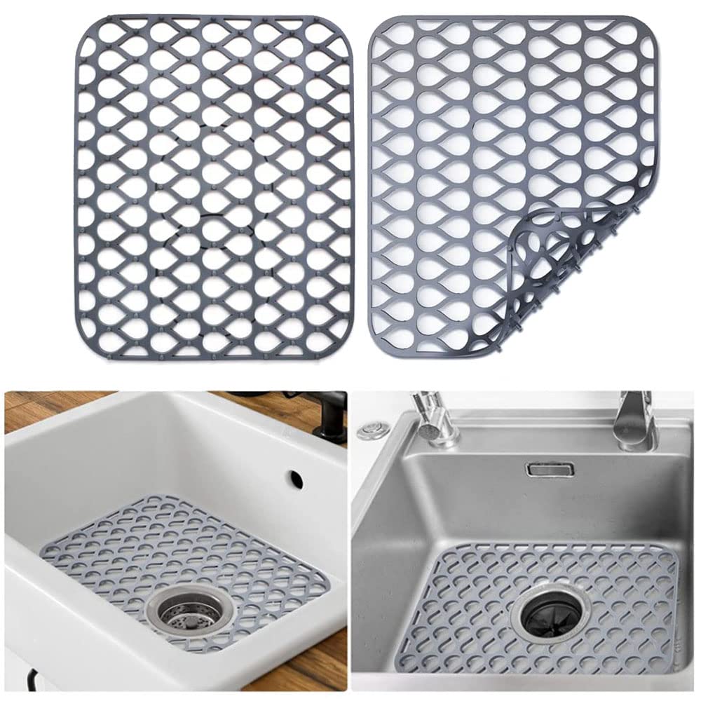 2 PCS Kitchen Sink Protector Mat, Silicone Non Slip Drainer Grid Mat Folding Heat Resistant Dish Drying Mats for Farmhouse Stainless Steel Sink (Grey)
