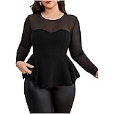 MakeMeChic Women's Plus Size Cocktail Tops Mesh Sheer Peplum Ruffle Hem Leopard Long Sleeve Slim Fitted Elegant Tee Shirt