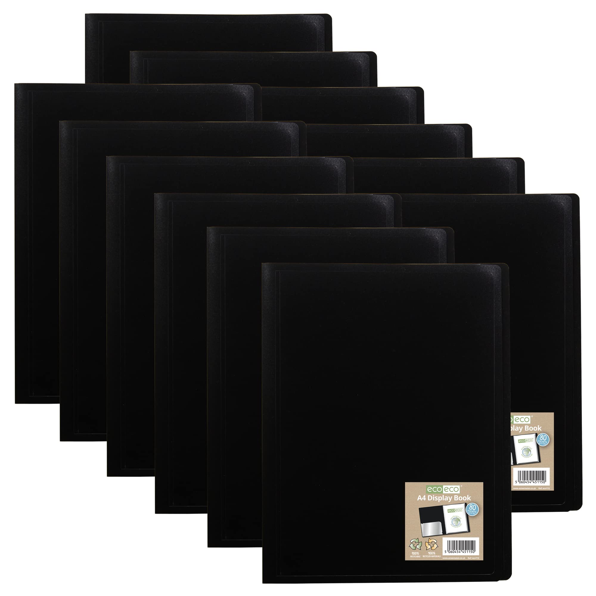 eco-eco A4 100% Recycled 80 Pocket Black Flexible Cover Portfolio Book Folder Display Book, Pack of 12, eco115x12