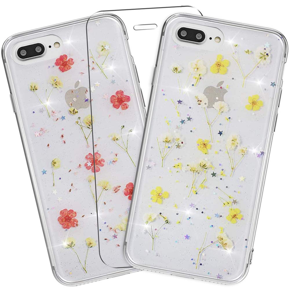 MadBee [2 Packs Compatible iPhone 8 Plus/iPhone 7 Plus Case 5.5 Inch [with Tempered Glass Screen Protector], Dried Flowers Clear Sparkle Glitter Soft TPU Silicone Gel Case Cover - Yellow + Red — image 1