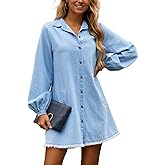 Zilcremo Women's Button Down Babydoll Denim Dress Long Sleeve Jean Shirt Dress with Pockets