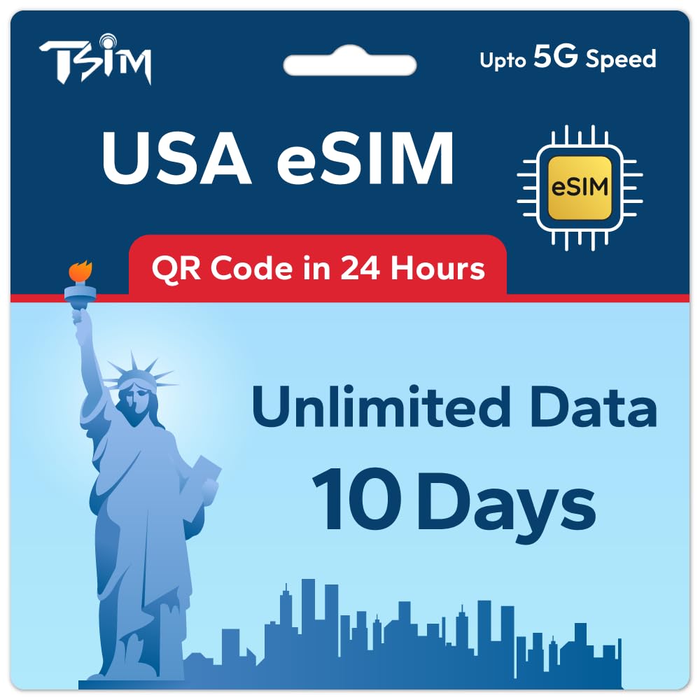 TSIM USA eSIM 10 Day | Unlimited Data | High Coverage Multi-Operator 5G Network | Auto-Activating | Refillable Plan | Hotspot Allowed | eSIM QR Code Sent by Email within 24Hrs of Shipping | Data Only