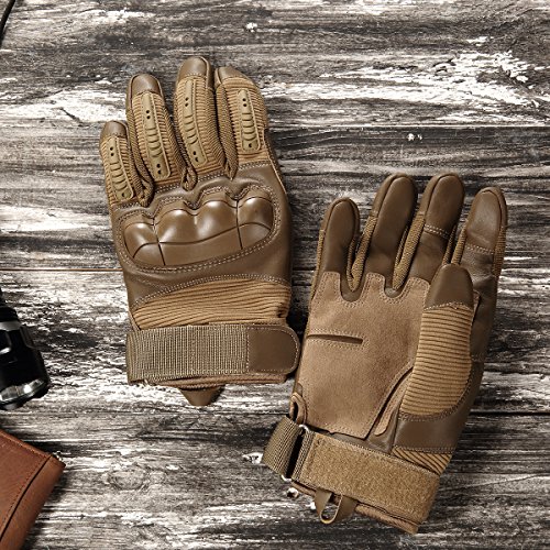 JIUSY Army Military Tactical Touch Screen Rubber Hard Knuckle Full Finger Gloves for Combat Motorcycle Motorbike Hunting Hiking Airsoft Paintball Riding Size Brown Small