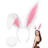 Taranovi Halloween Bunny Costume Accessories - Rabbit Ears Headband and Tail for Adult Women Cute Floppy Fluffy Cosplay Set (White and Pink)