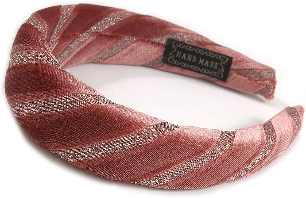 Retro Thicken Padded Velvet Glitter Stripes Wide Chunky Hair Band/Headband/Alice Band in Pink Blush