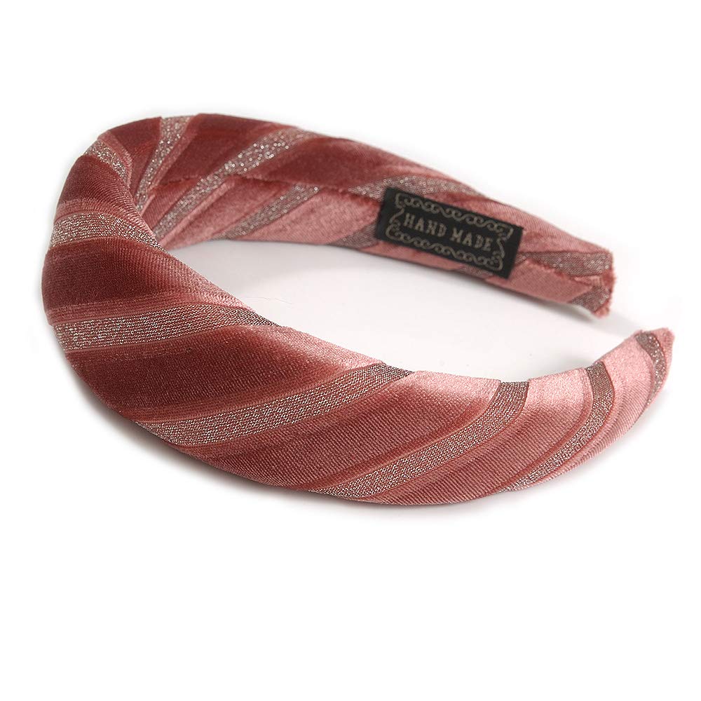 Retro Thicken Padded Velvet Glitter Stripes Wide Chunky Hair Band/Headband/Alice Band in Pink Blush