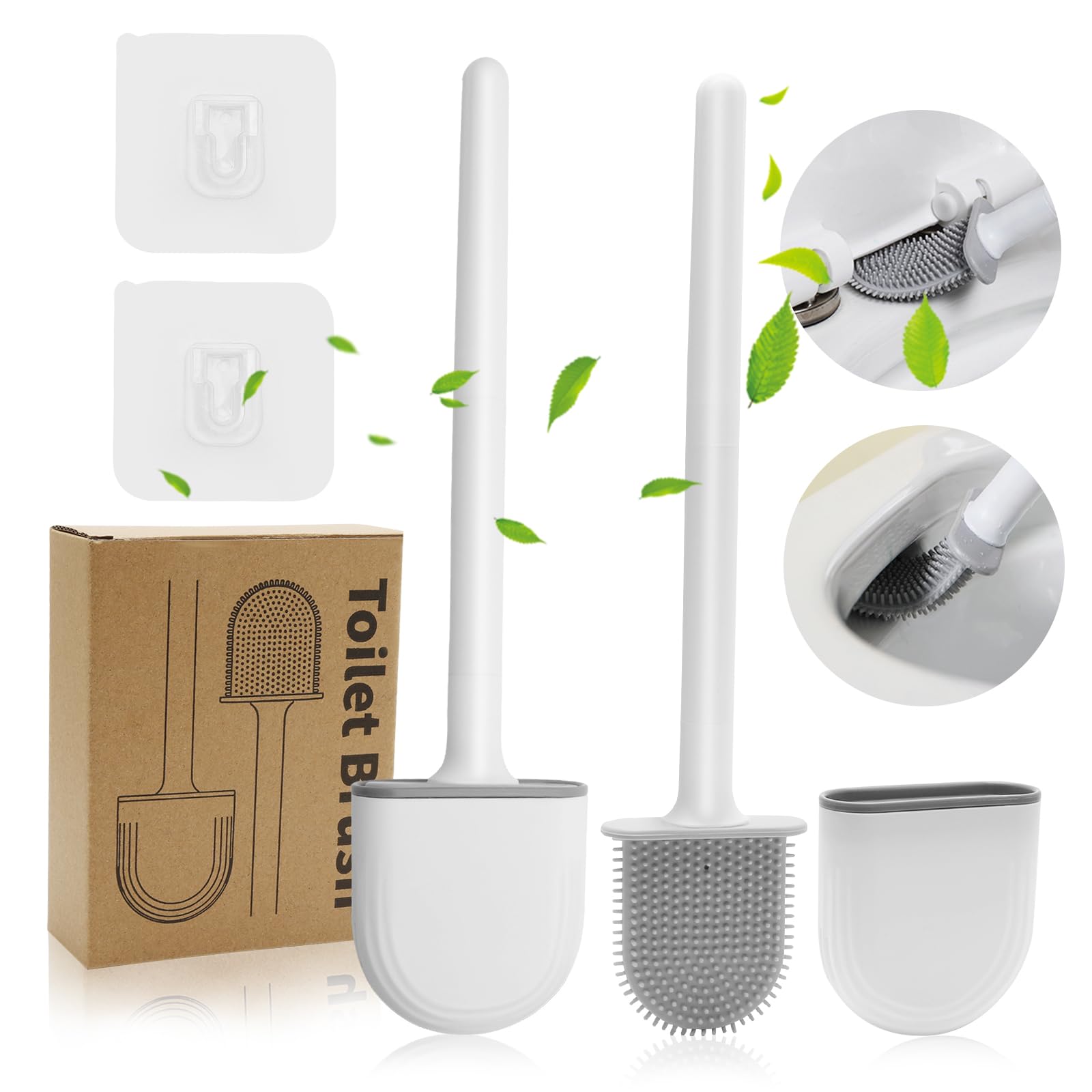 Silicone Toilet Brush, 2 Pack Toilet Brushes & Holders Loo Bathroom Flat Flexible Toilet Brush Dripless Wall Mounted Toilet Cleaner Brush Pliable Bristles for Corners Cleaning (Grey White)