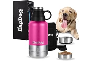 Lapdog Portable Dog Water Bottle & Food Bowls, All-in-One Accessories for Walking, Hiking, Beach- Double Walled, Insulated, Stainless Steel Water Dispenser (Pink, with Black Neoprene Bag)