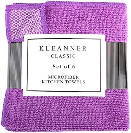 Kleanner Premium Microfiber Kitchen Dish Towel With Poly Scour Side,Double Side Scrubber Rags Cloth, Absorbent and Fast Dry, Size: 12"x12" (W X L), 6 Pack/Set - Purple