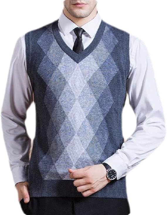 H&E Mens Casual Sleeveless V-Neck Rhomb Print Knit Pullover Sweater Vest Grey L: Amazon.co.uk 