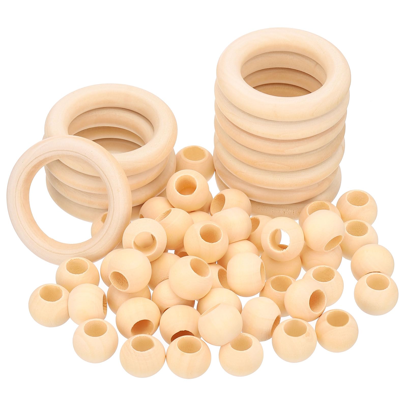 PATIKIL 2.36" OD 0.39" Thickness Natural Wood Rings, 12 Pcs Circle Wooden Craft Loops with 50 Pcs Wooden Loose Beads for Crafting, Jewelry Making