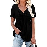 ONLYSHE Womens V Neck Shirts Short Sleeve Tops Front Knotted T Shirt Casual Solid&Floral Tunic Summer Henley Tees Blouse