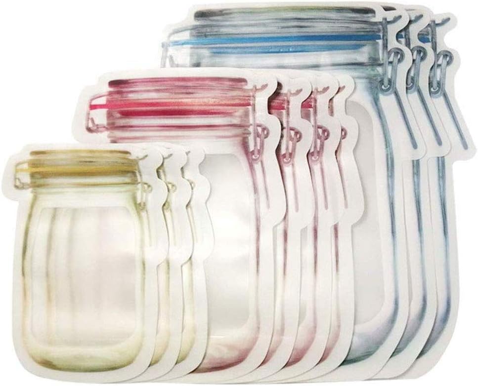 Mason Jar Zipper Bags Food Storage Snack Ziplock Bags Reusable Seal Food Storage Bags Leakproof Food Saver Fresh Sealed Bags for Sandwich Tea Candy Cookies (Sx3+Mx4+Lx3)