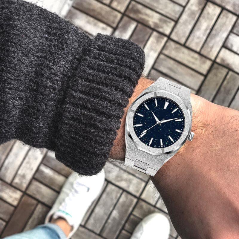 DROCUAMGOYA Men Fashion Analog Quartz Watch Frosted Case Stainless Steel Star Dust Dial 40mm Casual Business Watch for Men Waterproof Luminous (Silver)