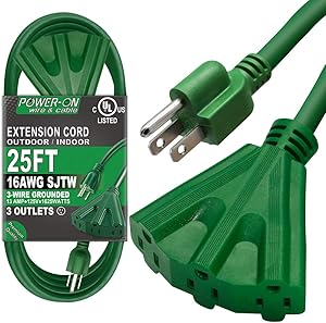Kasonic 25 Ft Extension Cord with 3 Outlets, UL Listed; 16/3 SJTW; 3-Wire Grounded; 13A 125V 1625W; for Indoor/Outdoor Use - Green