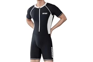 renvena Men One-Piece Swimsuit Color Block Swimwear Round Neck Short Sleeve with Zip Bodysuits