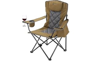 ARROWHEAD OUTDOOR Portable Deluxe Folding Camp Quad Chair w/Headrest, Glass & Cup Holders, Armest 6-can Cooler, Heavy Duty Carry Bag, 550 lbs Weight Capacity