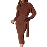 ZESICA Women's Turtleneck Sweater Midi Dress Long Sleeve Ribbed Knit Bodycon Slit Dress with Belt