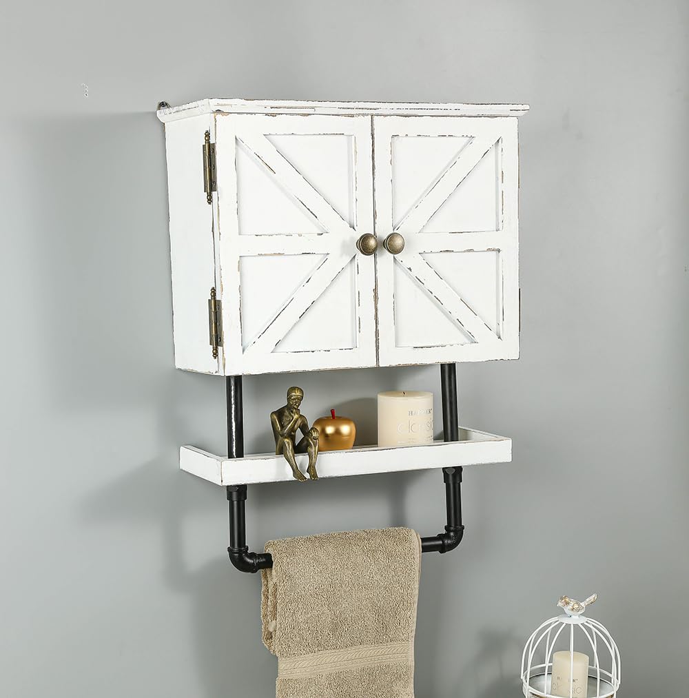Photo 1 of Juleduo 23.1x16.9'' Bathroom Wall Cabinet with Adjustable Wall Shelf and Towel Bar Double Doors Medicine Cabinet Wall Mounted with Hanging Bar, Rustic Wood Storage Kitchen (Rustic White)