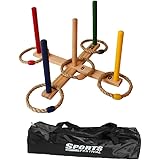 Sports Festival Wooden Ring Toss Game Set Comes with 5 Colors and 5 Rope Rings, Carrying Case Compact And Easy to Use Outdoor Games for Kids, Family Reunion Picnic