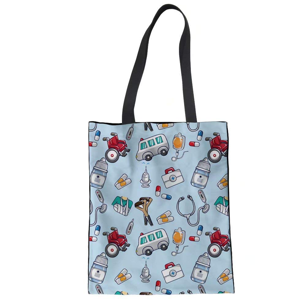 POLERO Canvas Tote Bag Shopping Bag Shoulder Bag Bag Canvas Bag Shopping with Cartoon Nurse Print for Girls Women Nurse Everyday Work (Blue)