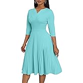 CLOCOR Midi Dresses for Women, 3/4 Sleeve A Line Pleated Casual Dress V Neck Church Cocktail Wedding Guest Dress