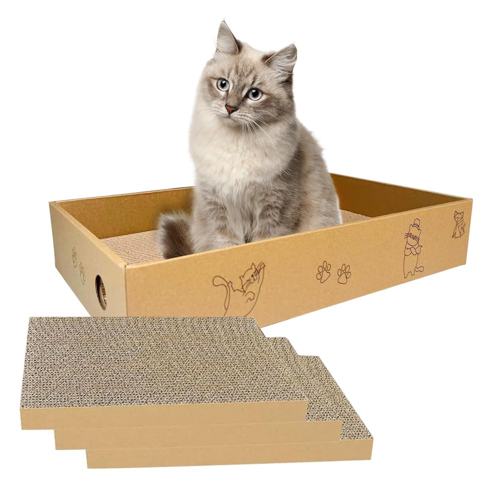 MUAEEOK Cat Scratcher Cardboard Box for Indoor 3 Packs in 1, Cat Scratching Pad Cardboard Box for Indoor Kitten, Large Size Cats Scratch Pad Board Easy for Scratch
