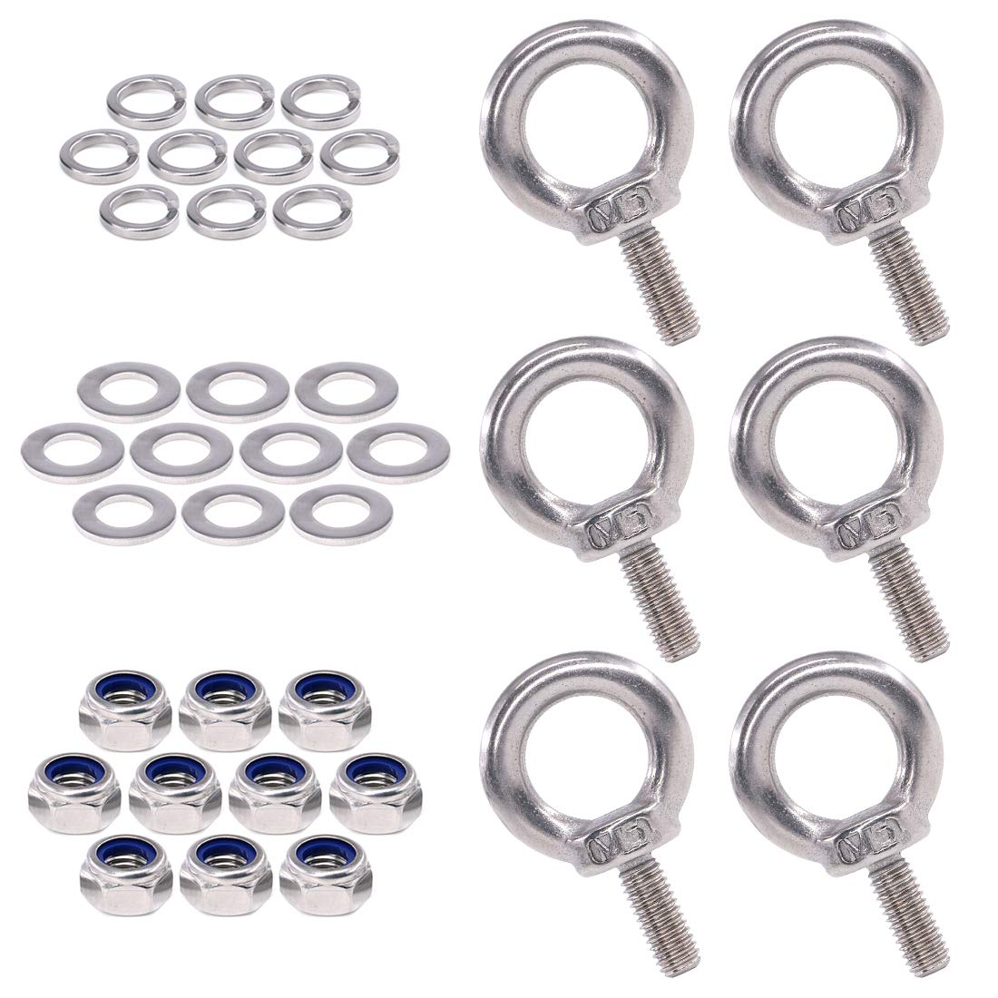Swpeet 36Pcs 304 Stainless Steel M5 Eye Bolts Kit with Lock Nuts, Lock Washers, Flat Washers