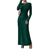 MITILLY Fall Dress for Women 2026 Long Sleeve Maxi Dress Formal Crew Neck Bodycon Ruched Cocktail Party Dresses
