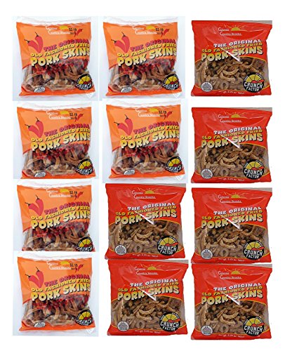 Fried Pork Skins Very Hard Strips Mixed Pack Plain 6 Red Pepper 6 (3.25 oz bags)