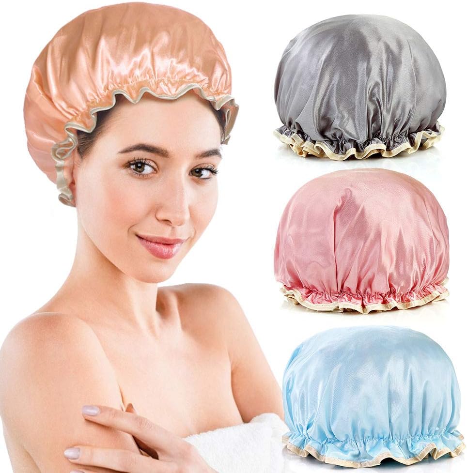 4 Packs Shower Cap Double Layer Elastic Waterproof Silky Satin Bath Cap